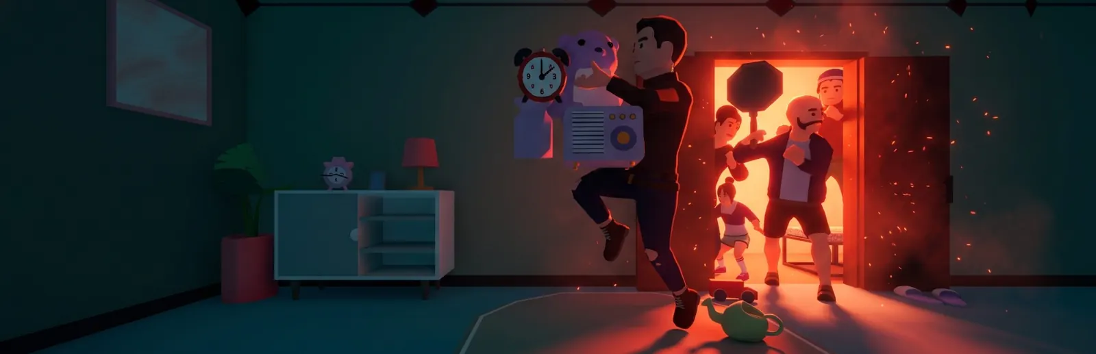 The Thief leaps across a dark living room with an alarm clock, a teddy bear and a radio while the family bursts through the door behind him.