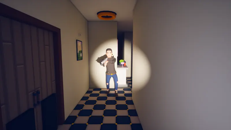 A Resident’s flashlight catches the Thief at the end of a hall.