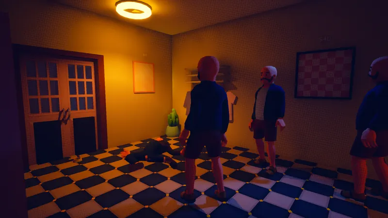 The Thief lies on the checkered floor, kicked flat, with Residents around him.