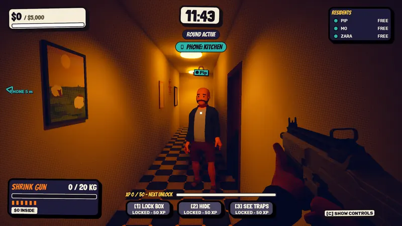 The Thief aims the shrink gun at Pip down a lit corridor.