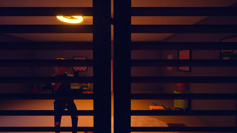 Hiding in a louvred wardrobe while the Thief walks past.